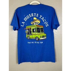 La Muerte Tacos Graphic T-Shirt Blue Skull Taco Truck Tee Soft‎ Size S
